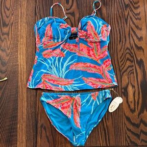 Bright Blue Mynah Tropical Tankini Swim Set with Coral Leaf Print
